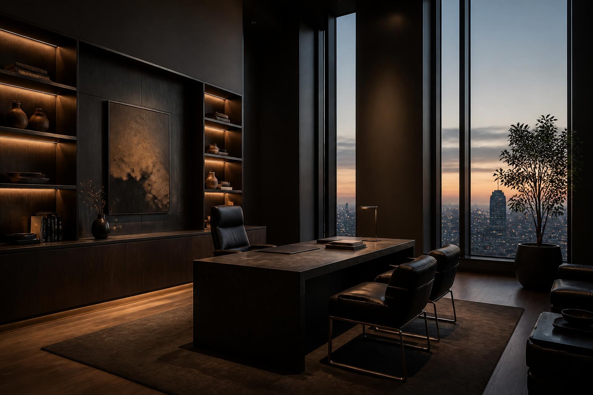 Dark architectural office interior at dusk